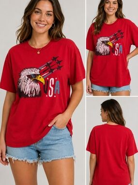 Delta Pro Weight USA Eagle Graphic T Shirt Red Patriotic Fourth of July Tee Adul